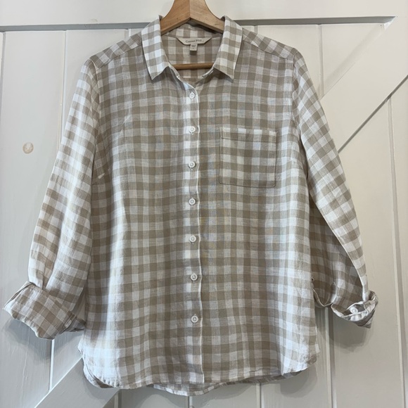 Garnet Hill European Flax Linen Beige White Neutral Check Plaid Button Shirt 4 - Picture 3 of 11